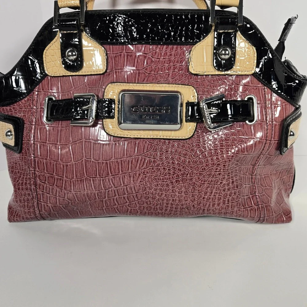 GUESS Satchel & Wallet Set Faux Leather Women Large Purple Black Croc Embossed